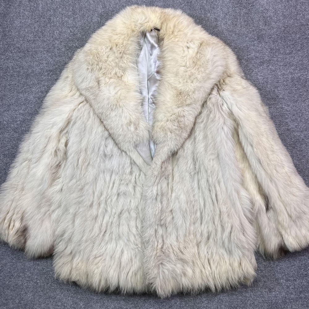 Natural Blue Fox Fur Coat Womens Medium White Finland Collared Lined Hook Eye